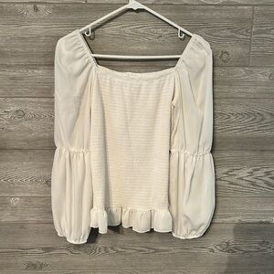 Tinywillow White Smocked Balloon Sleeve Ruffle Top Small‎ C6153 Square Neck